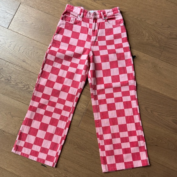 Zara Denim - Zara Checkered Pink & Red Cotton Wide Leg Jeans - Like New - Size 4